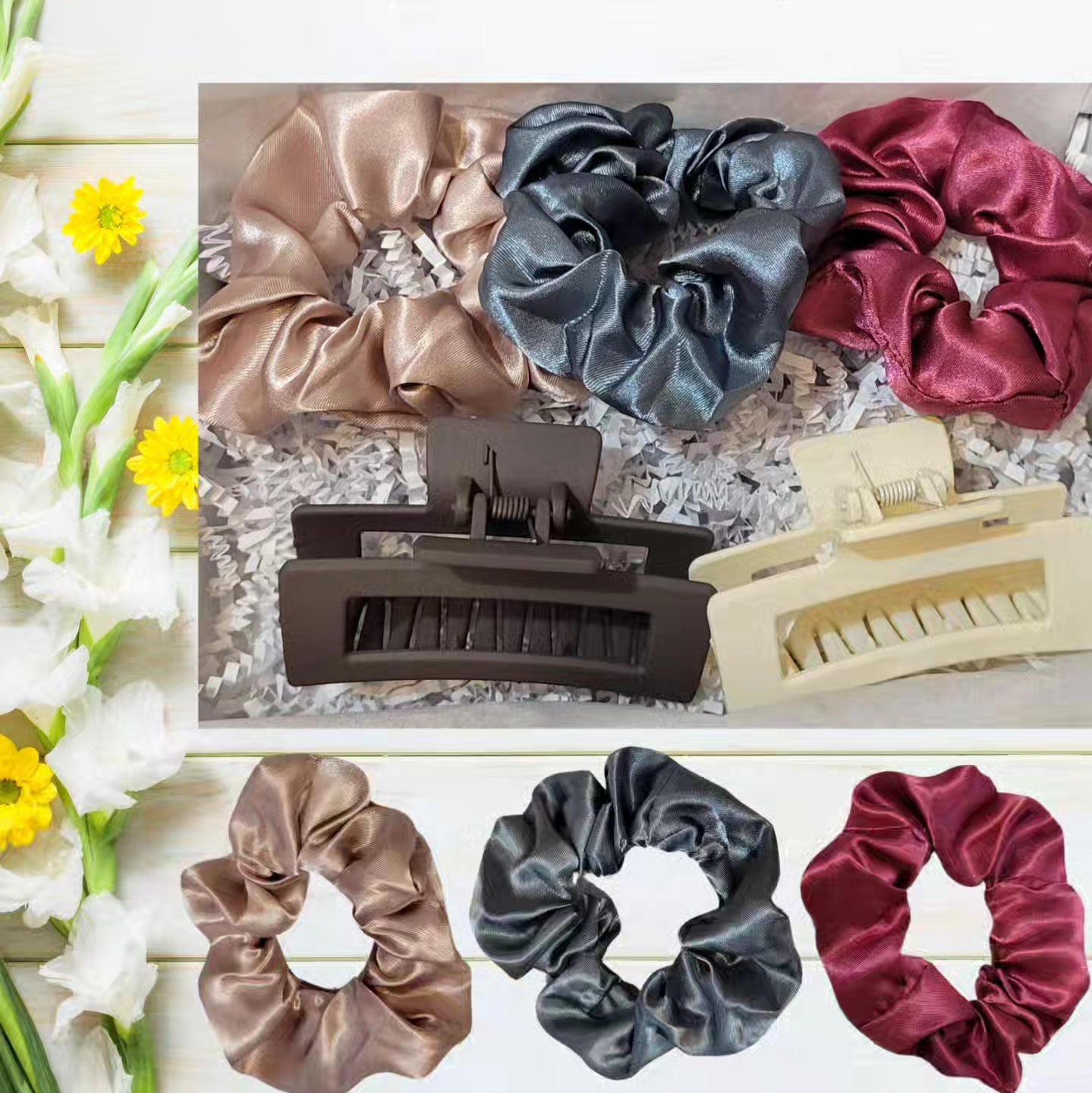 5-Pack Hair Accessory Set - Claw Clips and Silk Scrunchies - Sukmit Creation - 5-Pack Hair Accessory Set - Claw Clips and Silk Scrunchies - #tag1#