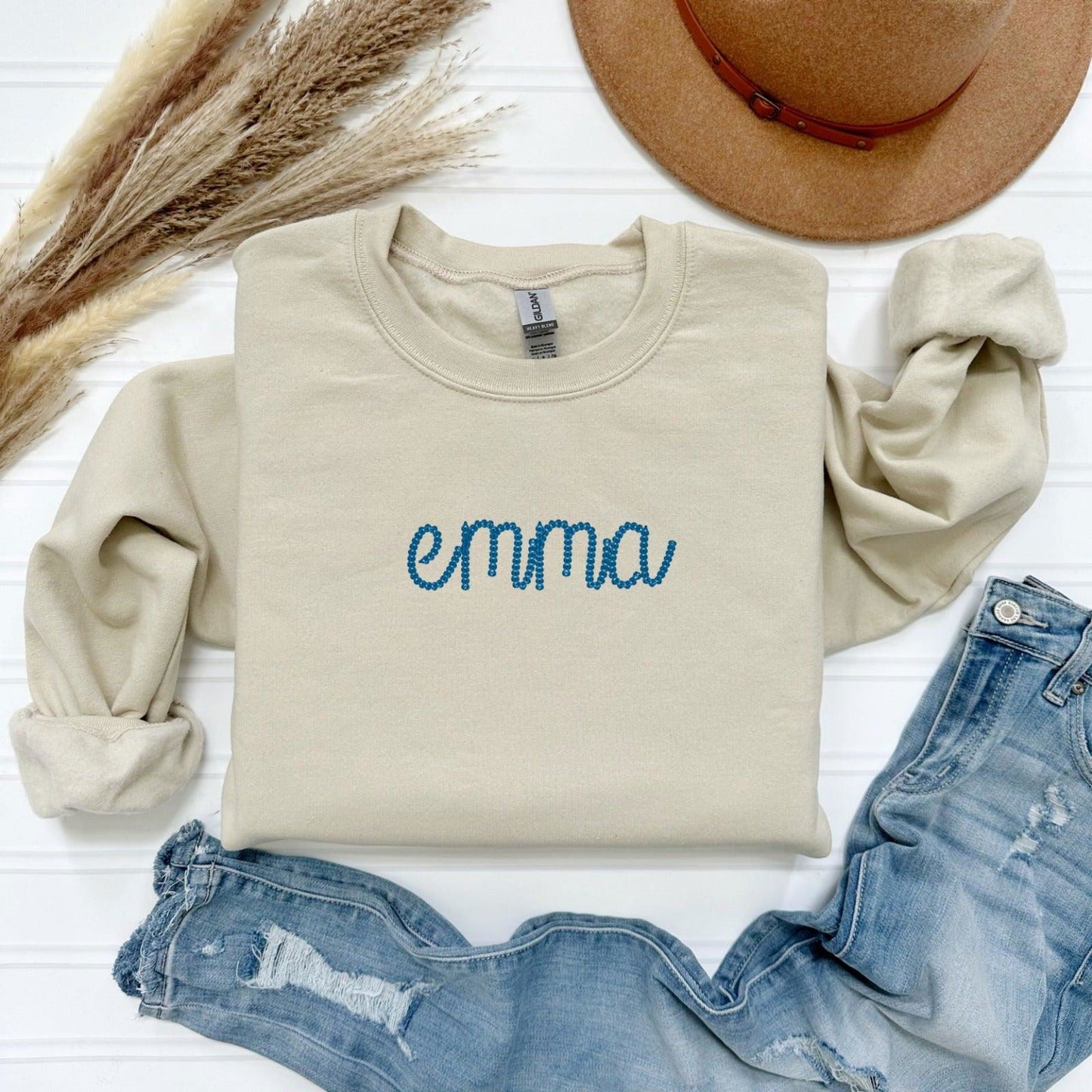 Embroidered Braided Personalized Name Sweatshirt - Sukmit Creation - Embroidered Braided Personalized Name Sweatshirt - #tag1#