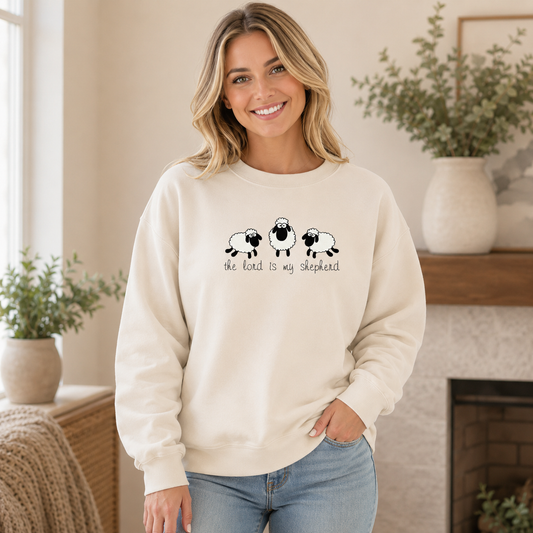 sand stone Christian crewneck sweatshirt with Lord Is My Shepherd embroidery