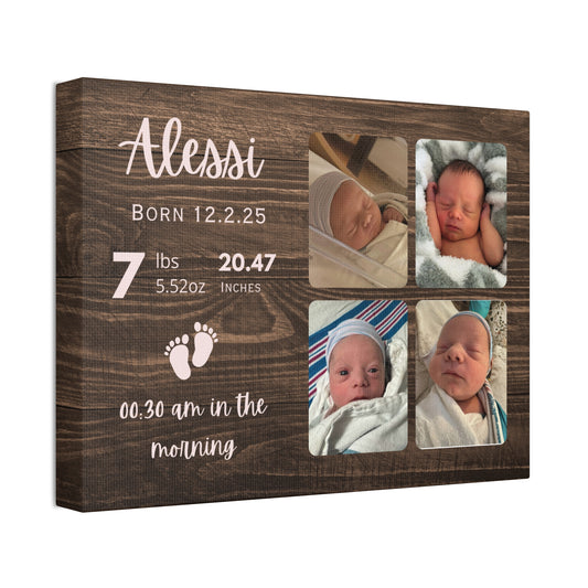 Personalized Baby Birth Announcement Canvas — Custom Name, Date, Weight & Photo Collage