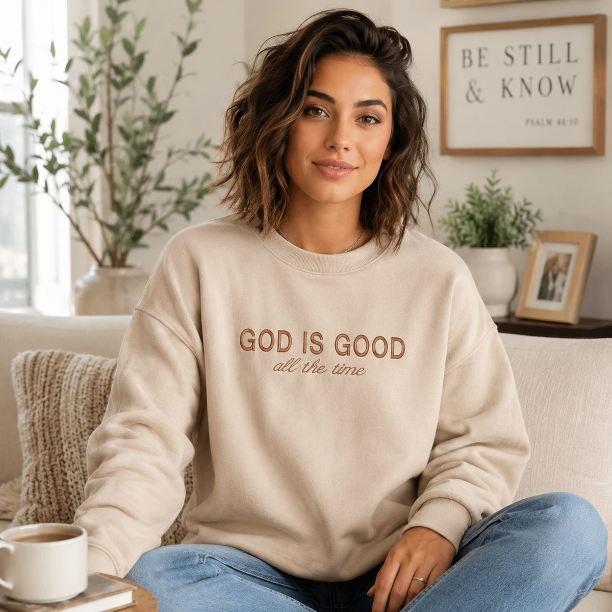 A woman sitting on a couch wearing a beige crewneck sweatshirt with the text 'GOD IS GOOD all the time' in brown lettering. The background shows a cozy living room setting with a coffee cup, plants, and framed wall art.