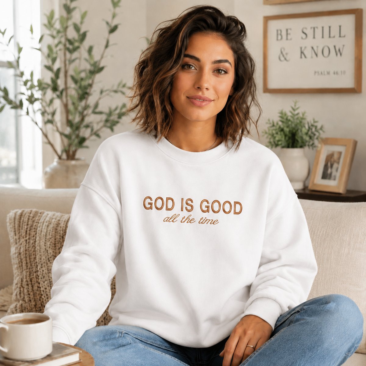 A woman sitting on a beige couch wearing a white crewneck sweatshirt with the text 'GOD IS GOOD all the time' in brown lettering. The background shows a cozy living room setting with a coffee cup, plants, and framed wall art.