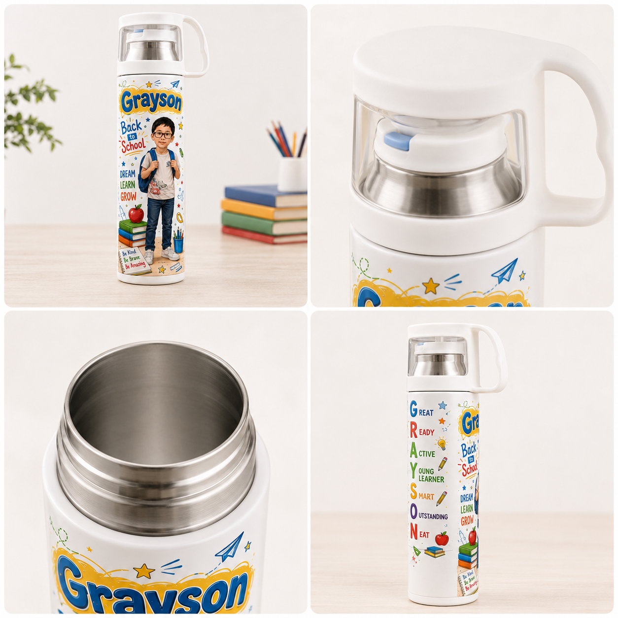 Back to School personalized tumbler product detail collage with lid and stainless steel interior