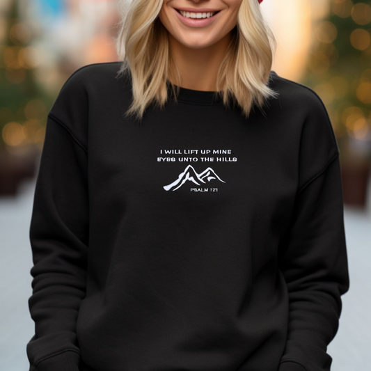 Embroidered Christian Crewneck Sweatshirt – I Will Lift Up Mine Eyes to the Hills – Psalm 121:1 – Sukmit Creation