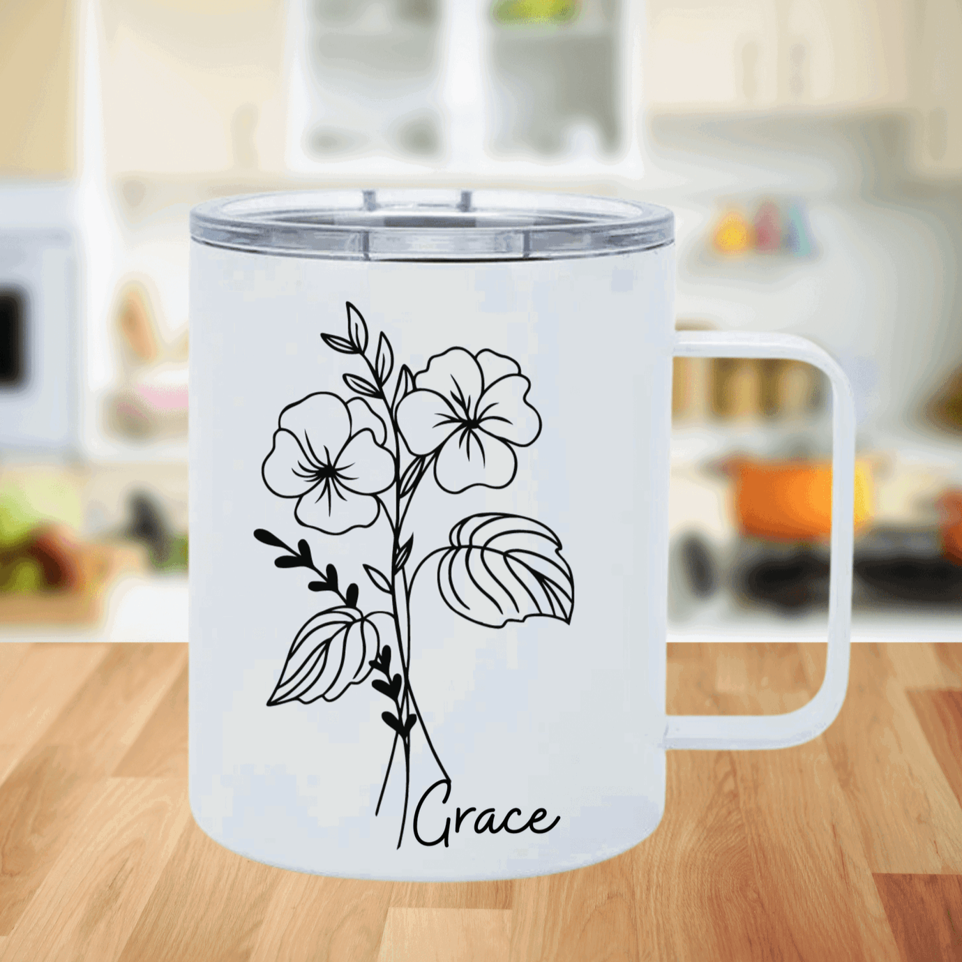 Personalized Stainless Steel Travel Mug with Handle – Birth Month Flower Design – 12oz – Sukmit Creation
