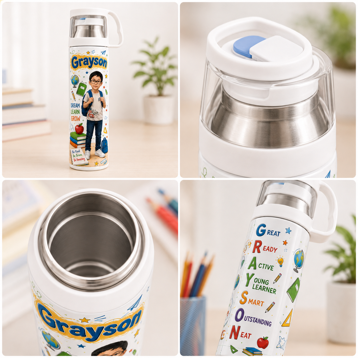Personalized student tumbler product details with lid and stainless steel interior