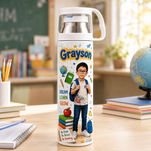 Student holding personalized tumbler with custom name and photo design