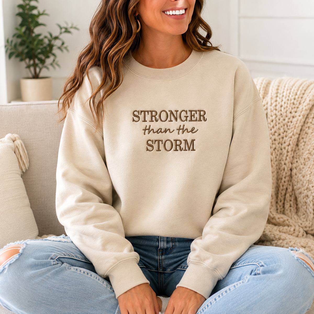 Stronger Than Storm Embroidered Sweatshirt – Inspirational Motivational Crewneck - Sukmit Creation