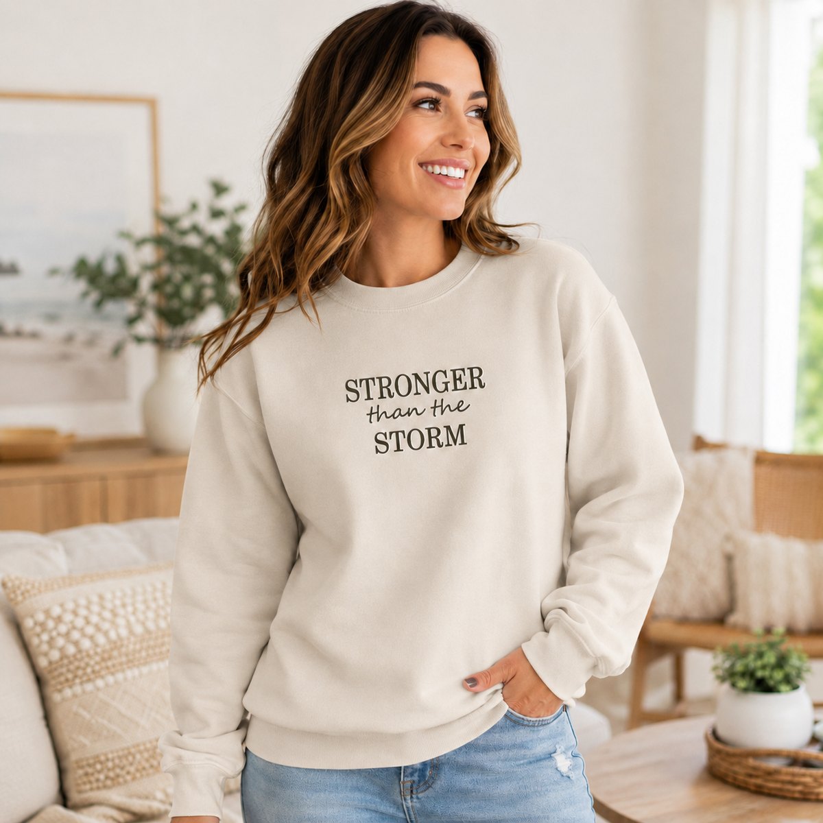 Stronger Than Storm Embroidered Sweatshirt – Inspirational Motivational Crewneck - Sukmit Creation