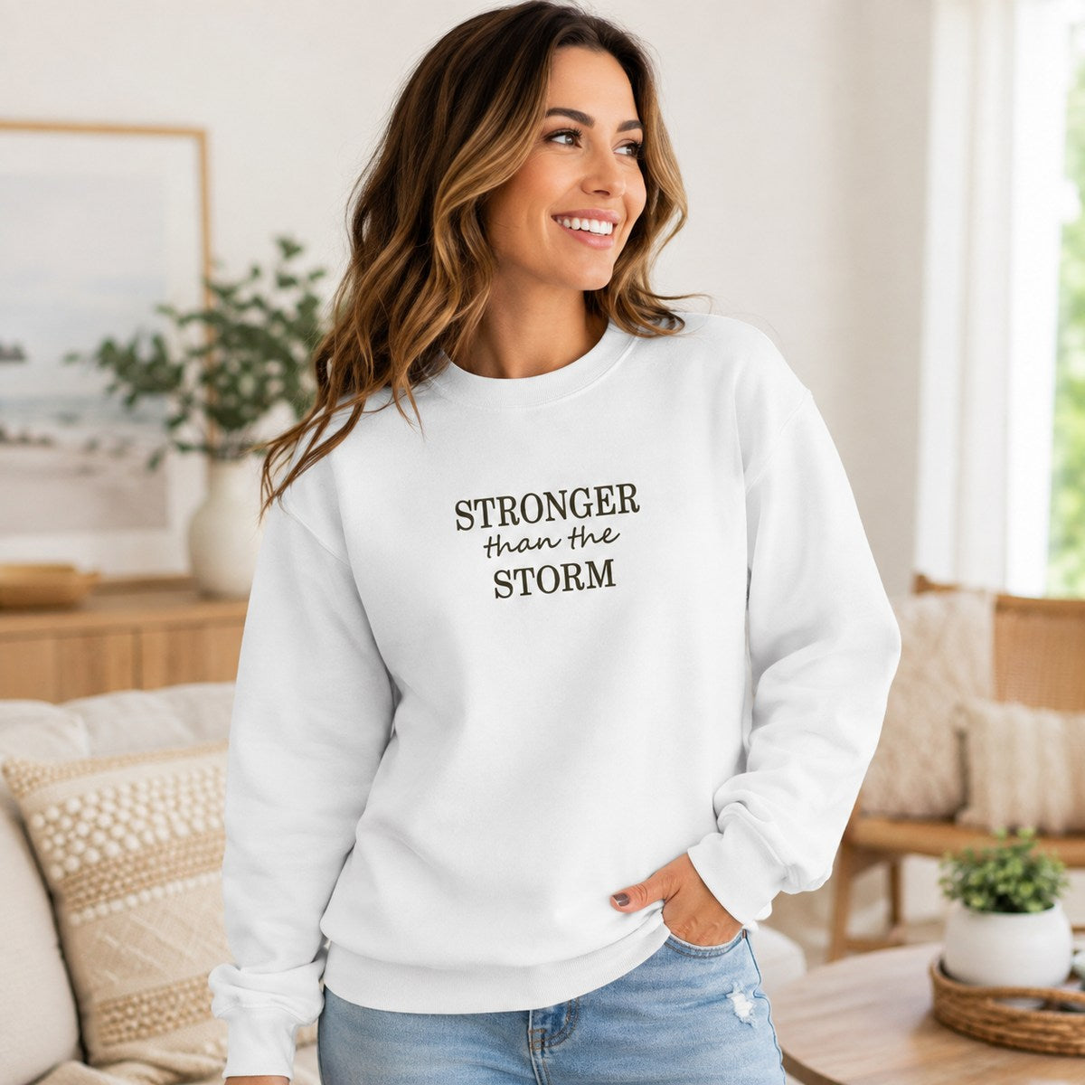 Stronger Than Storm Embroidered Sweatshirt – Inspirational Motivational Crewneck - Sukmit Creation