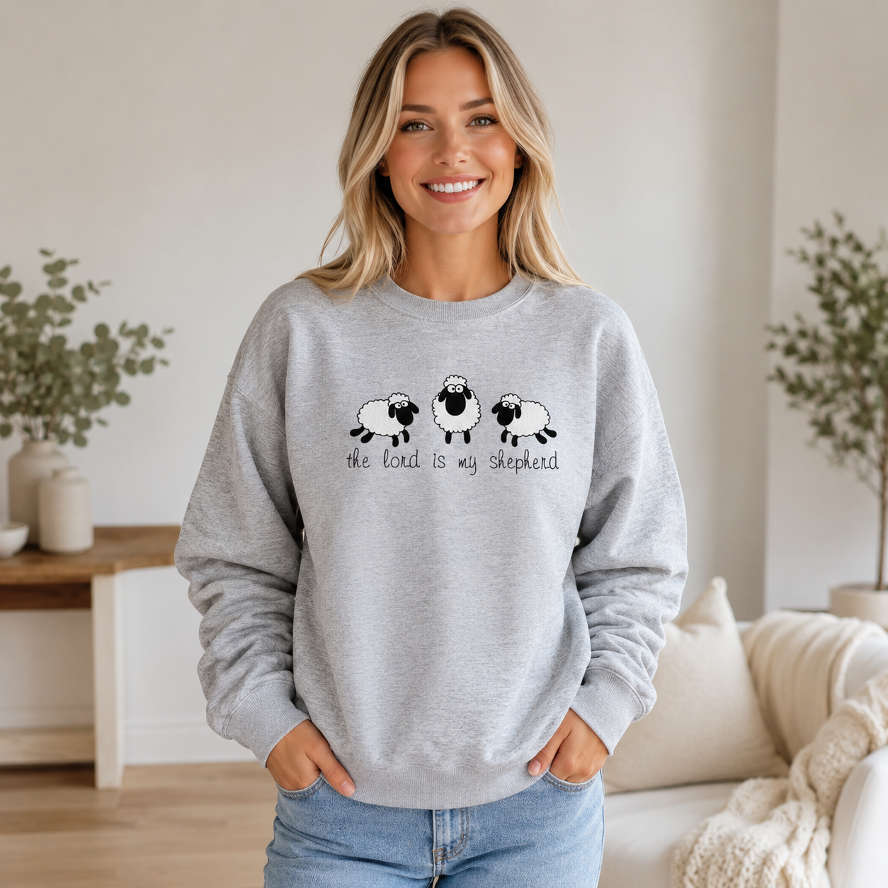 The Lord Is My Shepherd Christian Embroidered Sweatshirt – Sheep Design - Sukmit Creation